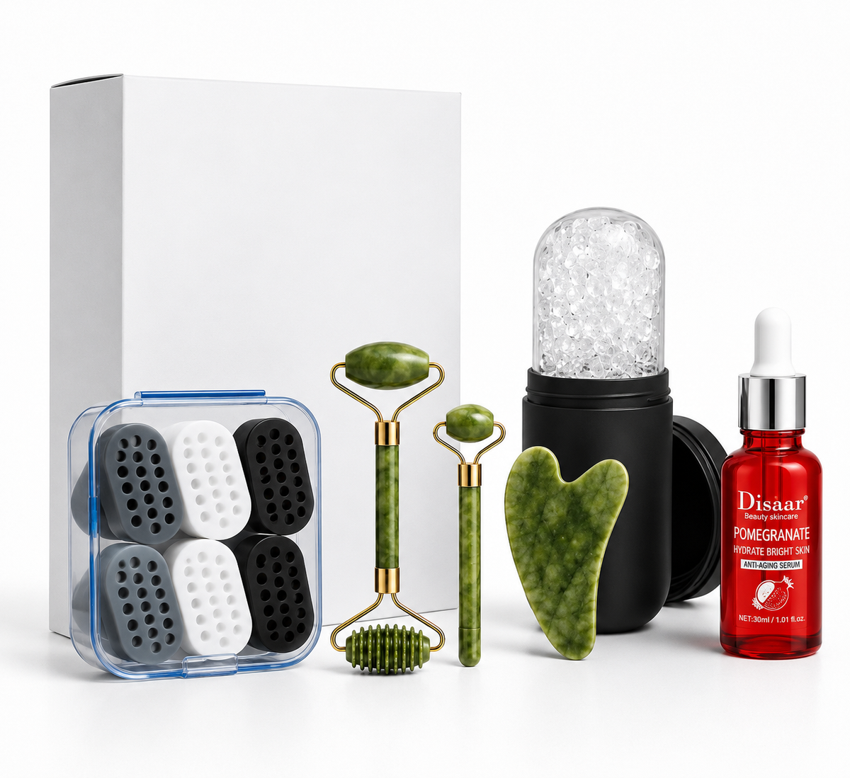 Pack Complet Visage –6 Jaw Trainer + Ice Roller + Gua Sha + Roller Jade + Sérum