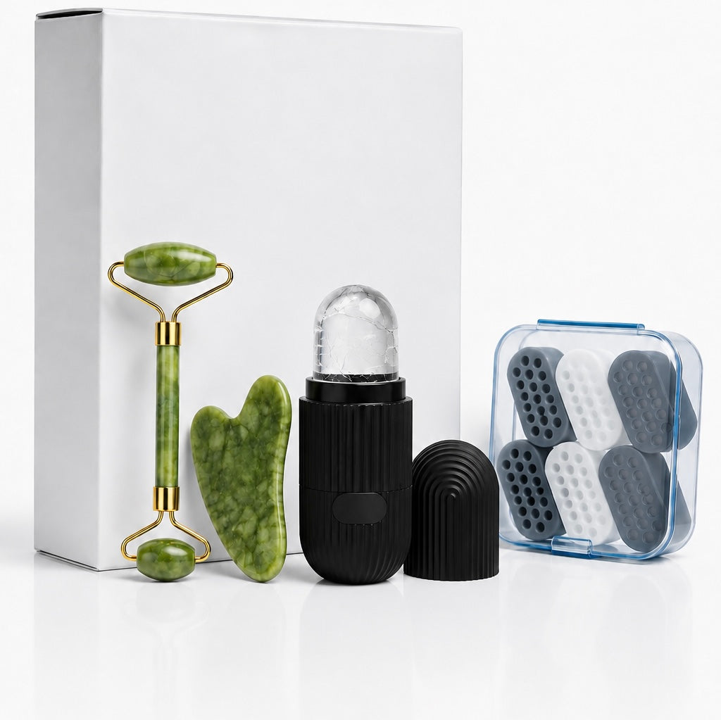 FaceGum ™ –Jaw Trainer (x6) + Roller Jade+GuaSha+ice rooler