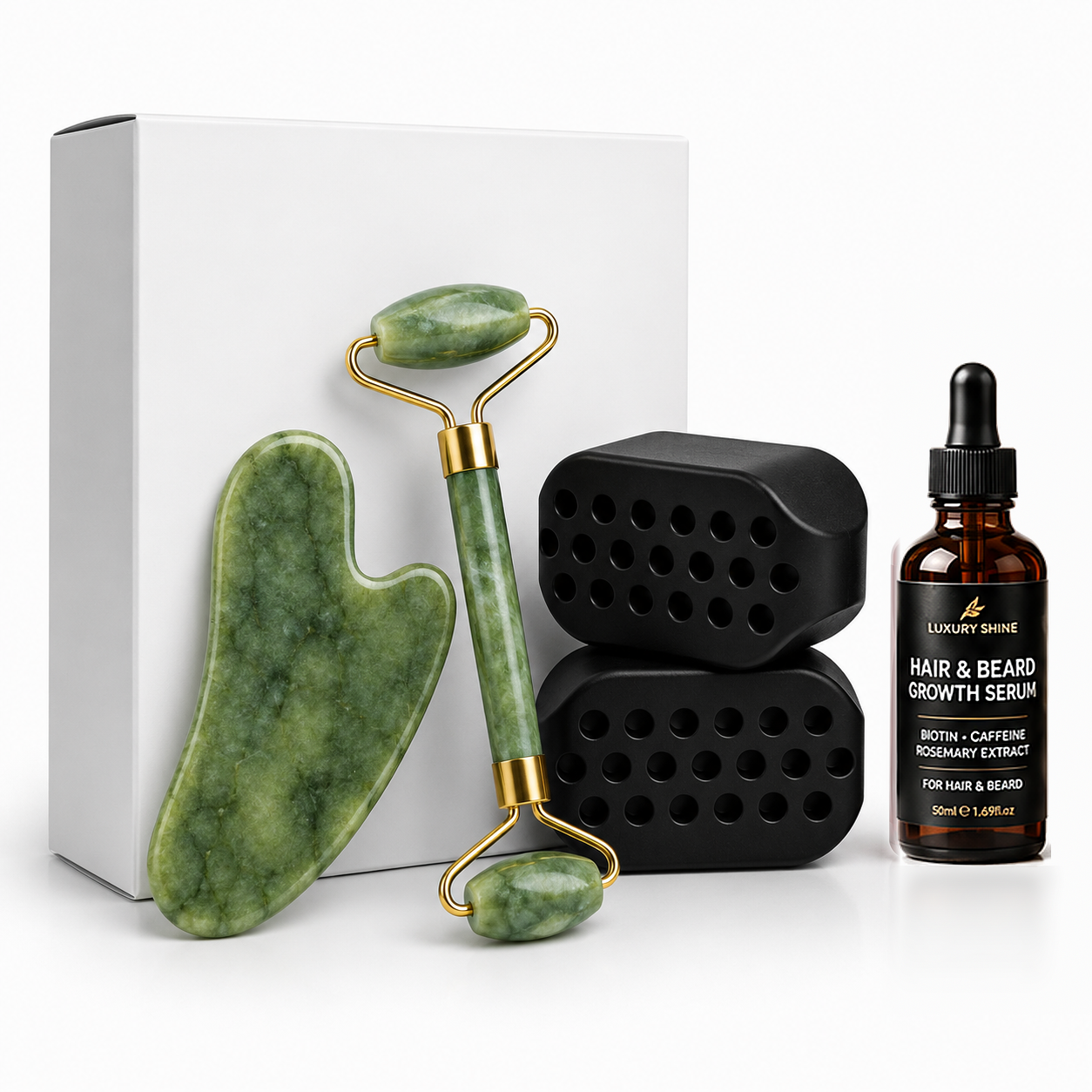 MuscleGum™ Pack Complet Homme: Jaw Trainer+Gua Sha + Roller Jade + Sérum Cheveux & Barbe
