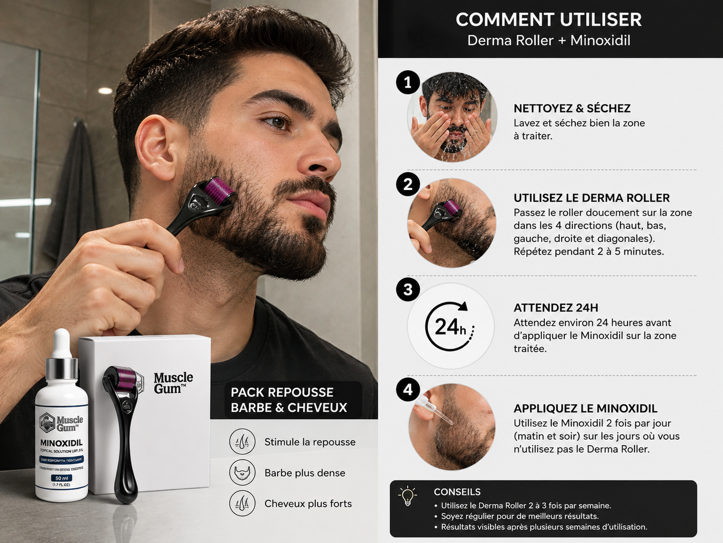Pack Repousse Barbe & Cheveux MuscleGum™ | Minoxidil 5% 50ml + Derma Roller 540 aiguilles